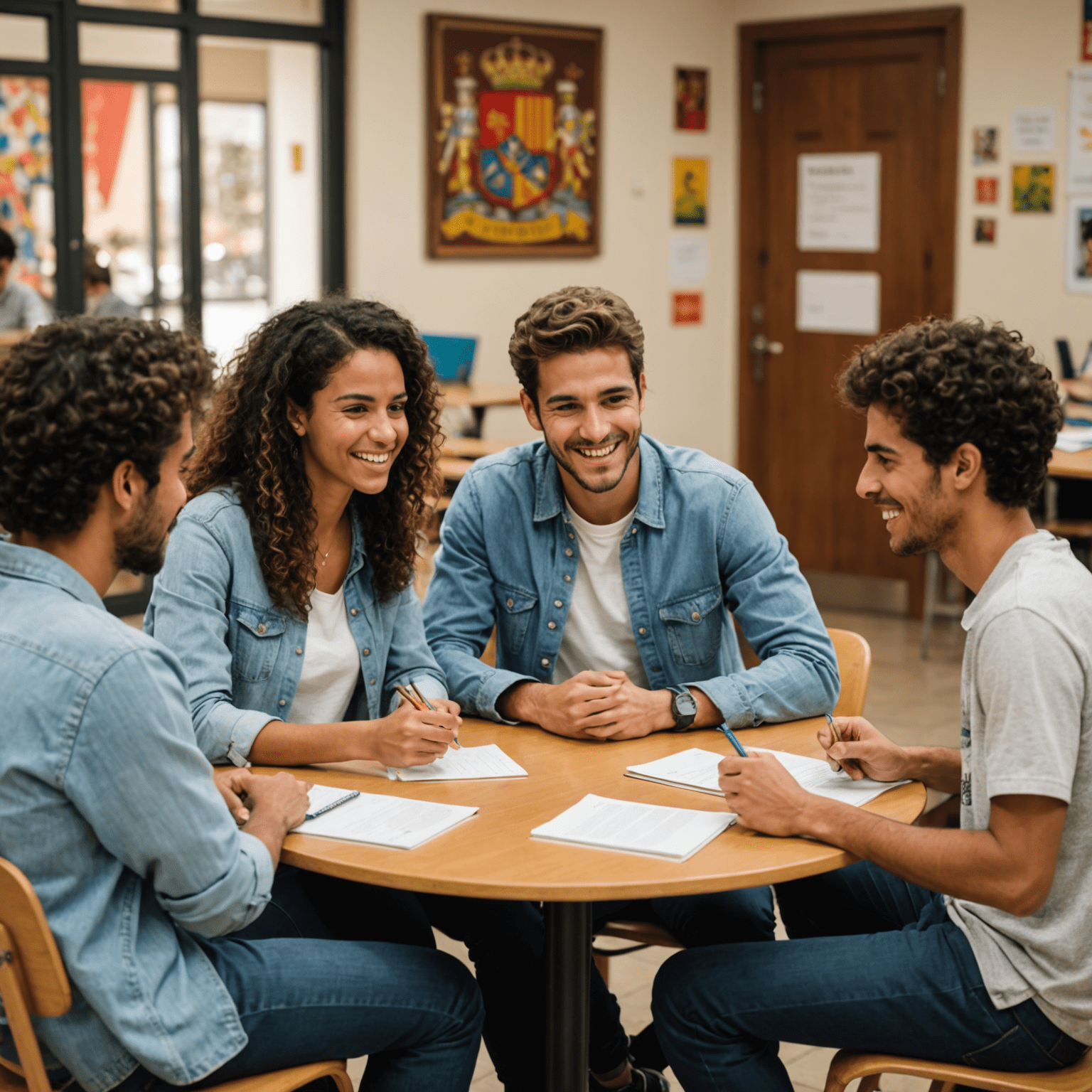 Un grupo pequeño de estudiantes participando en una animada sesión de conversación en español